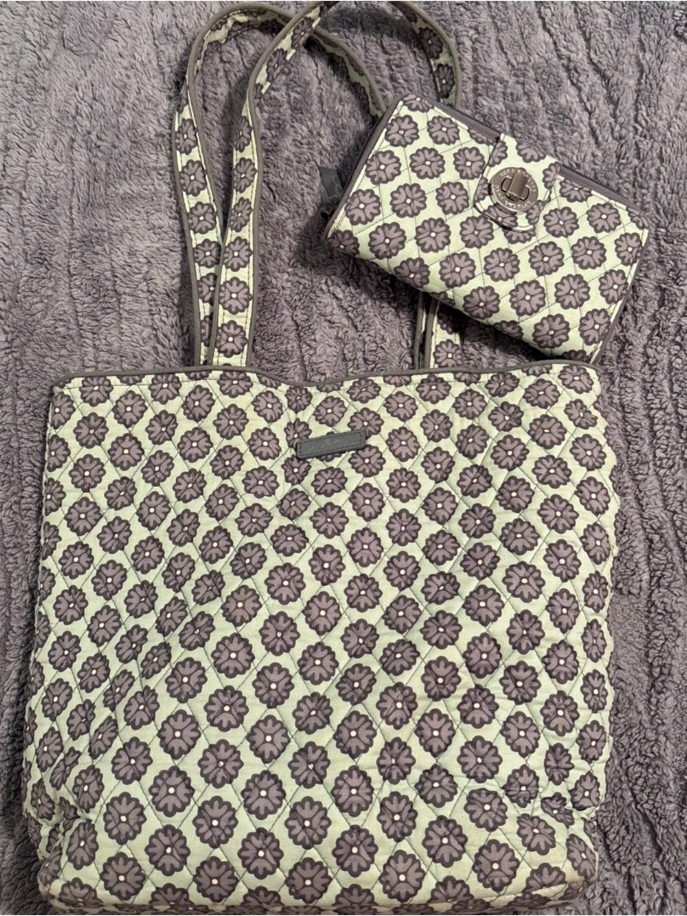 Vera Bradley Quilted Floral Tote Bag and Wallet Set in Light Green and Gray